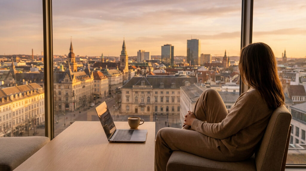 Personne assise de dos regardant un coucher de soleil sur une ville depuis une fenêtre, avec un ordinateur portable sur la table.