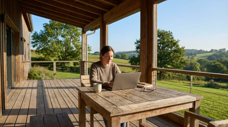 Femme travaillant sur ordinateur portable sur une terrasse en bois, avec vue sur des collines verdoyantes et des arbres.