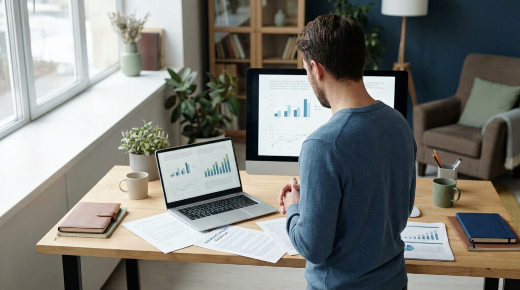Homme en télétravail analysant des graphiques sur deux écrans, avec des documents de politique d'assurance sur le bureau.