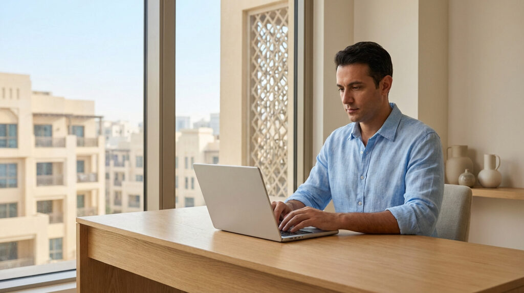 Un homme en chemise bleue travaille sur un ordinateur portable à son bureau, avec vue sur des bâtiments de ville du Moyen-Orient.