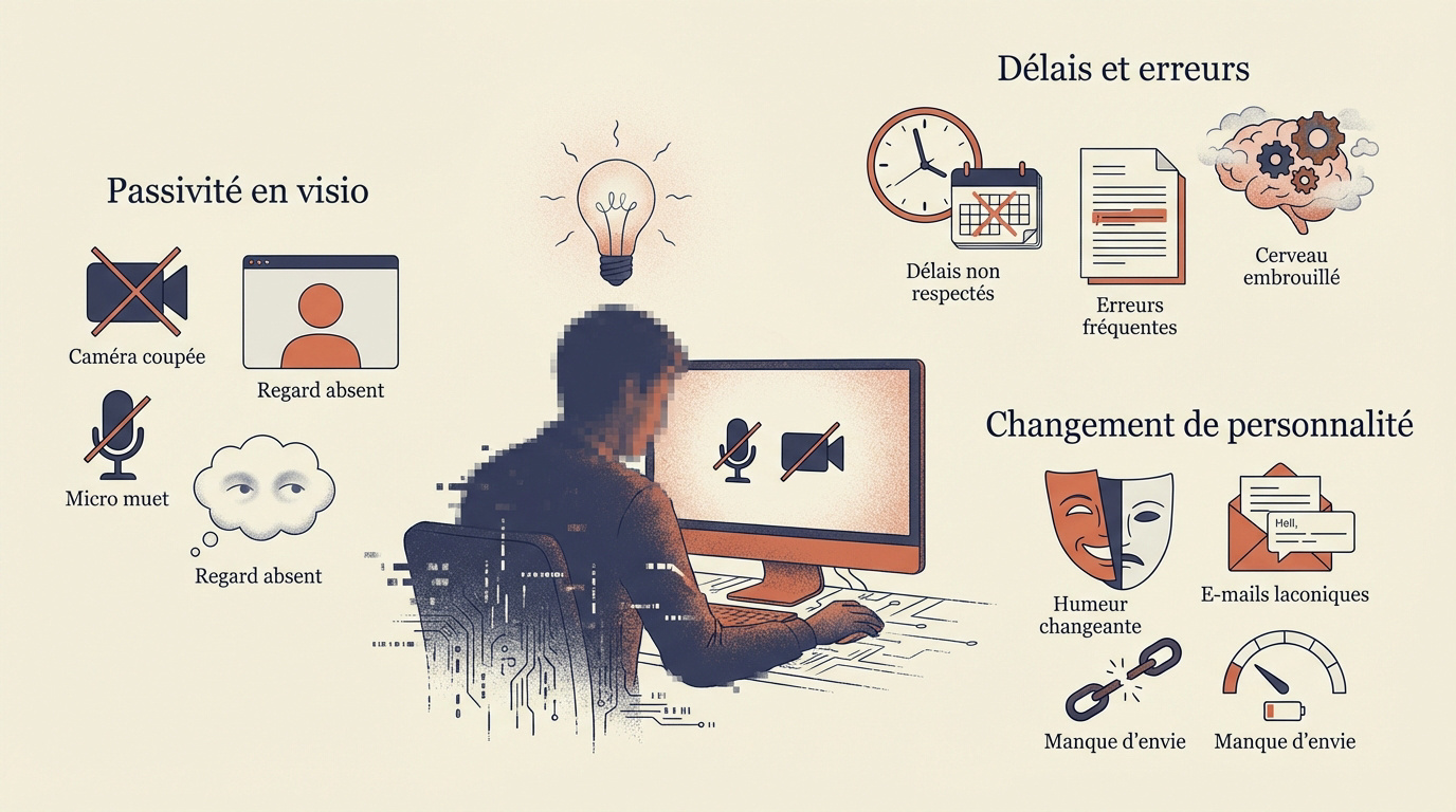 Femme cadre en t&eacute;l&eacute;travail devant son ordinateur montrant des signes de lassitude en visioconf&eacute;rence