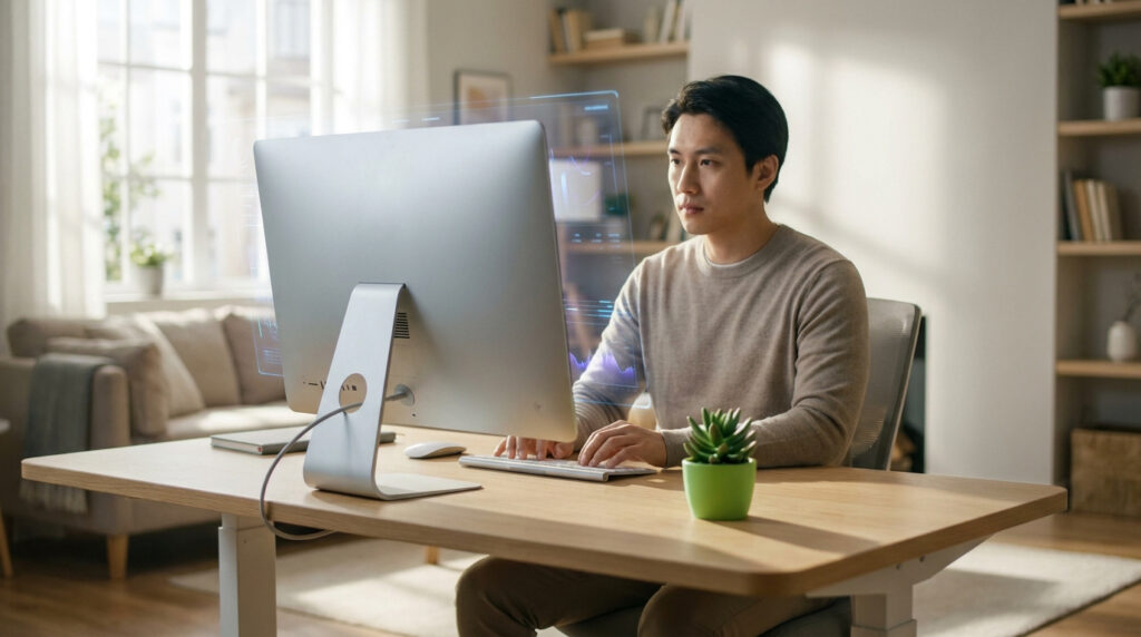 Un homme asiatique utilise un ordinateur avec des interfaces holographiques, travaillant depuis son bureau à domicile lumineux. Représente l'IA et le télétravail.