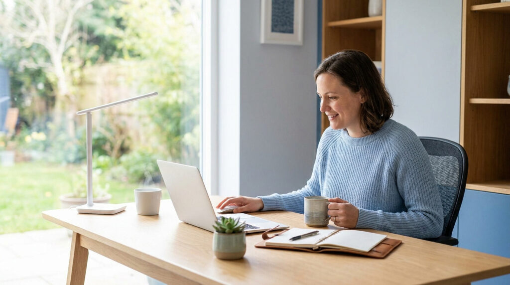 Femme souriante en pull bleu travaillant sur un ordinateur portable dans un bureau lumineux avec vue sur un jardin, tasse de café à la main.