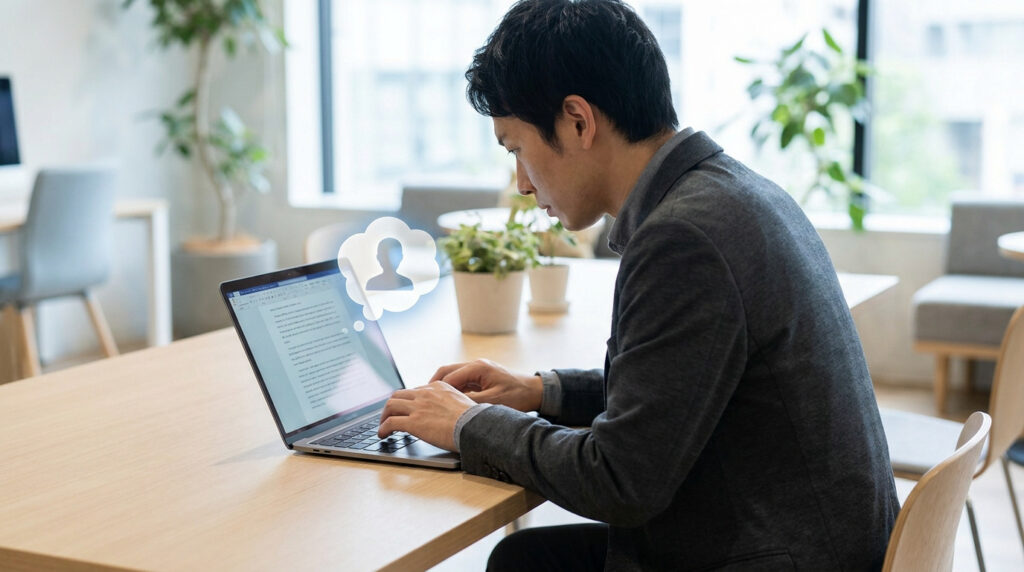 Un homme se concentre sur son ordinateur portable, une icône de profil dans une bulle de pensée au-dessus de l'écran, suggérant du ghostwriting ou une cible.