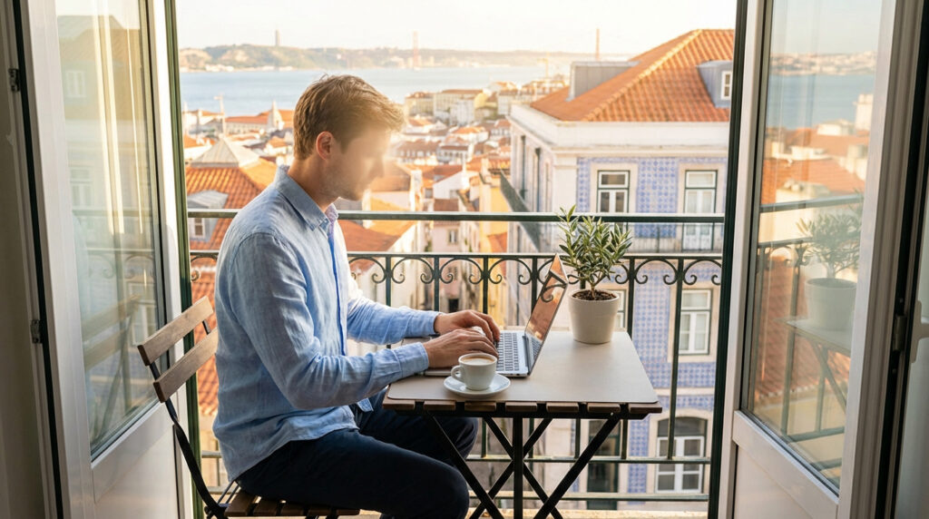 Jeune homme travaillant sur un ordinateur portable depuis un balcon avec vue sur les toits de Lisbonne et le Tage.