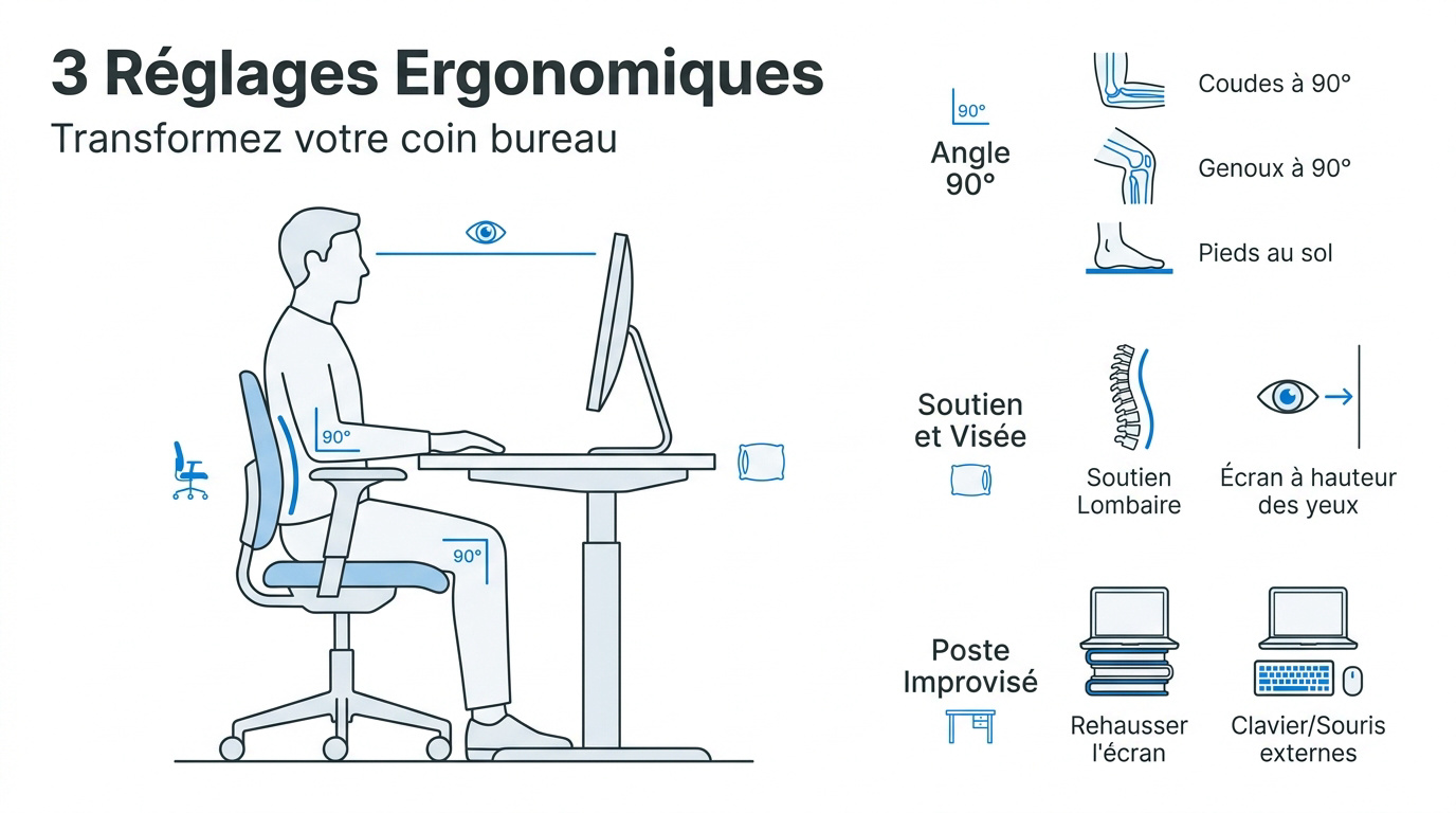 Un professionnel subsaharien ajuste son écran de bureau pour une meilleure ergonomie en télétravail