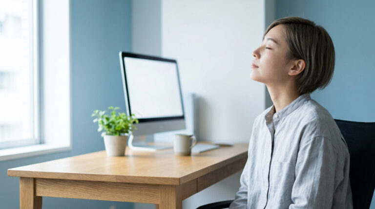 Femme assise à son bureau, les yeux fermés, prenant une pause pour se détendre le cou.