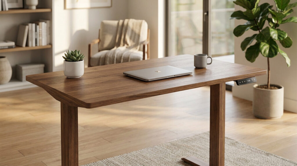 Bureau assis debout en bois avec un ordinateur portable, une plante et une tasse dans un intérieur moderne.