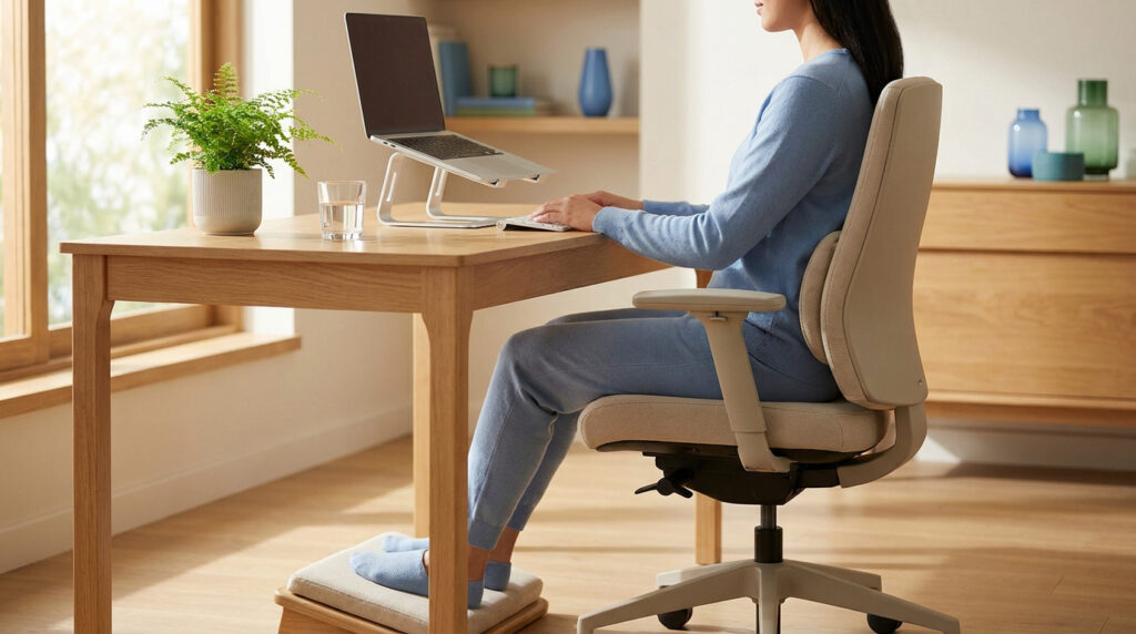 Une personne assise dans une chaise ergonomique, utilisant un support d'ordinateur et un repose-pieds.
