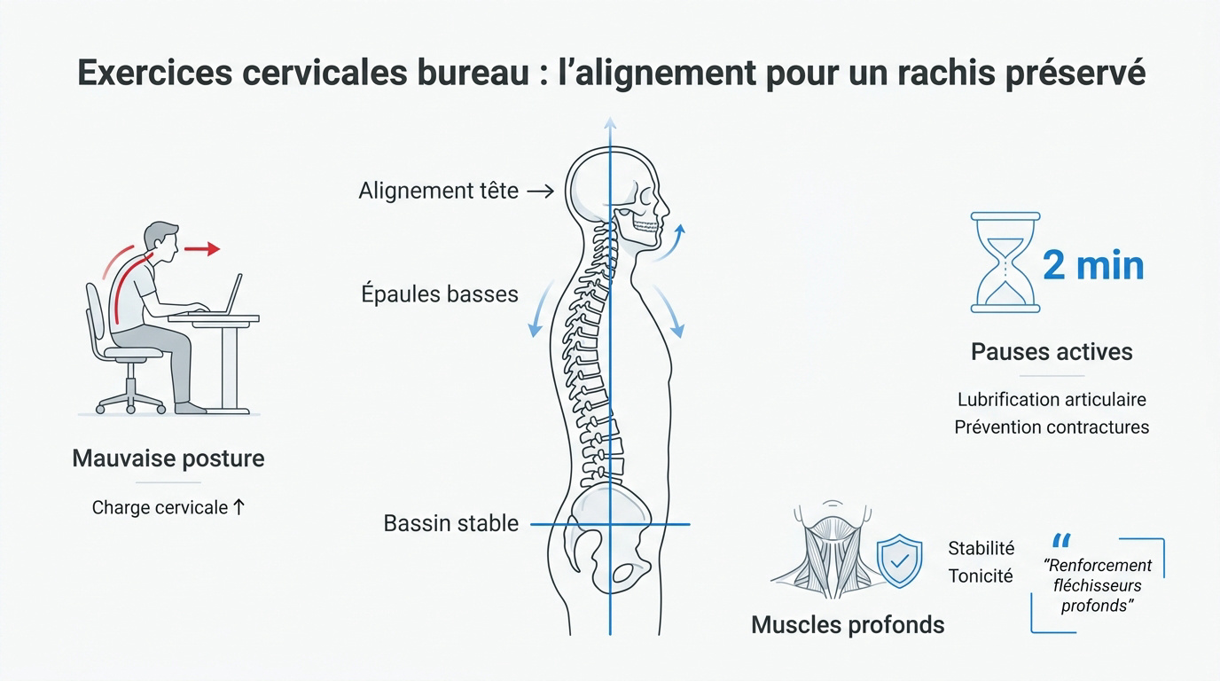 Posture idéale au bureau pour préserver les cervicales avec alignement tête épaules bassin