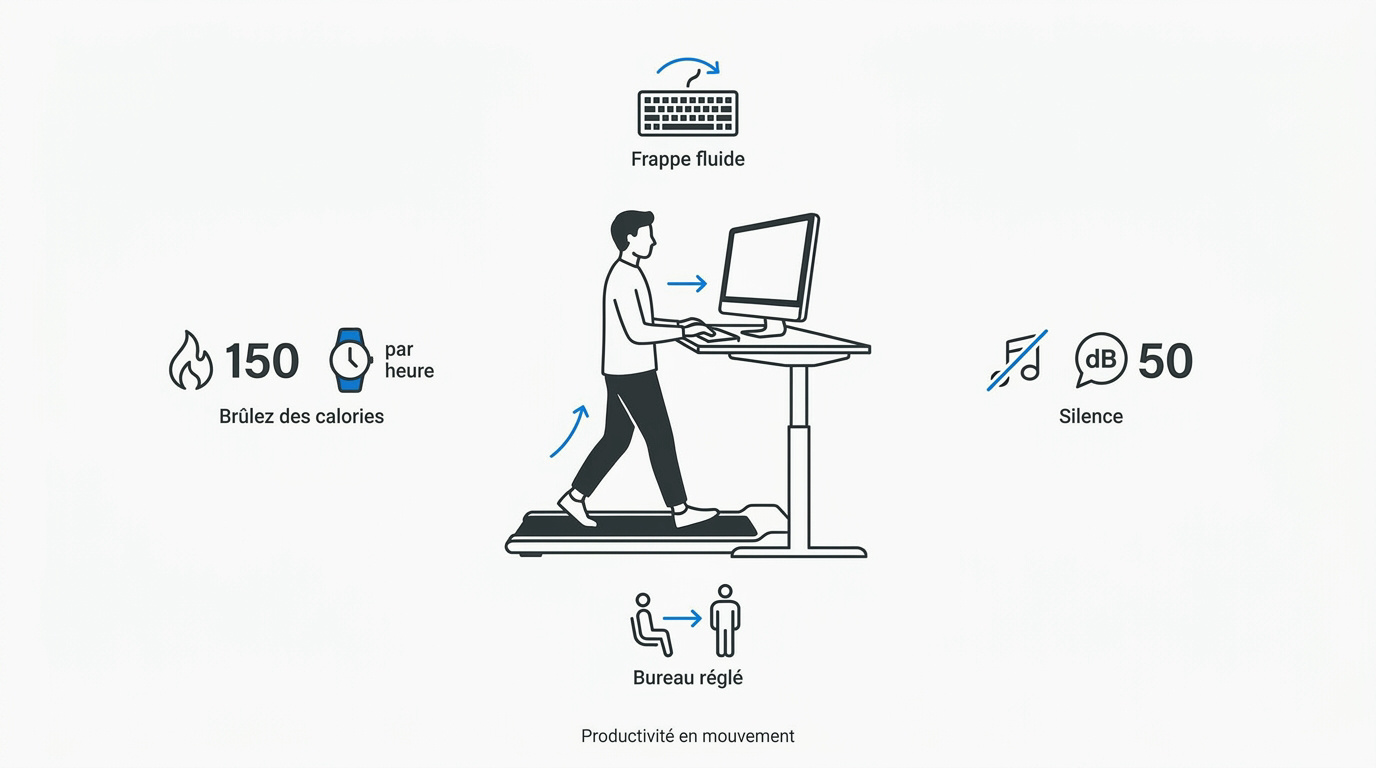 Infographie montrant les bénéfices ergonomiques et de santé du tapis de marche sous bureau