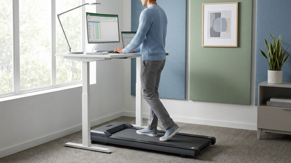 Un homme travaillant sur un bureau debout au-dessus d'un tapis de marche dans un bureau à domicile lumineux.