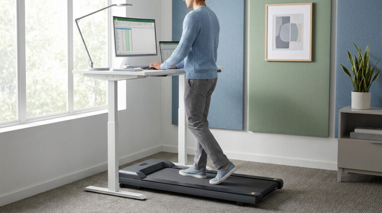 Un homme travaillant sur un bureau debout au-dessus d'un tapis de marche dans un bureau à domicile lumineux.