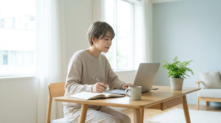 Une femme travaillant sereinement sur son ordinateur portable à un bureau lumineux.