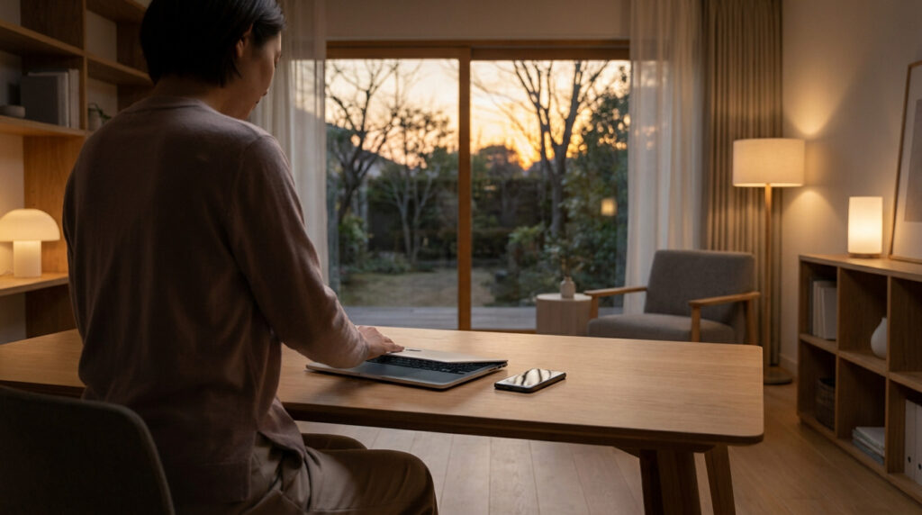 Une personne assise à son bureau ferme son ordinateur portable à la tombée de la nuit, symbolisant la fin du travail.