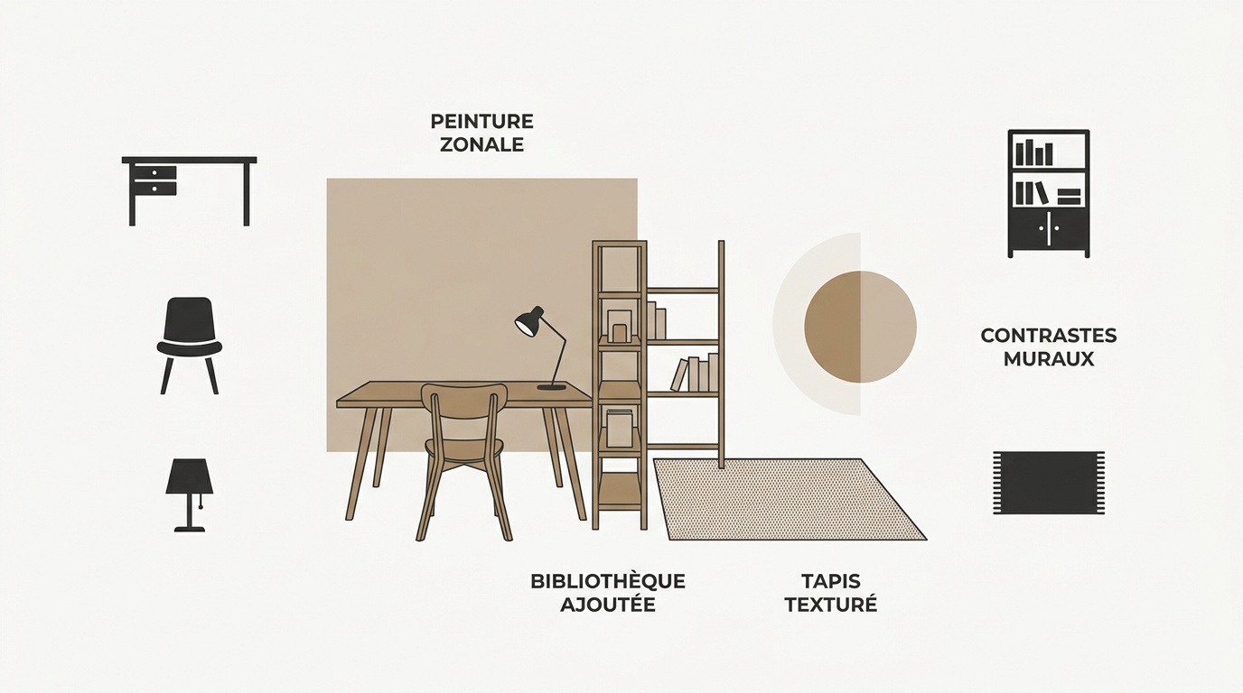 Infographie présentant les solutions pour délimiter un espace bureau dans un salon