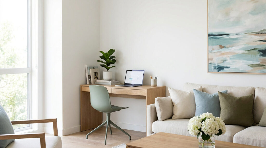Un coin bureau épuré avec un bureau en bois clair et une chaise vert sauge, installé près d'un canapé dans un salon.