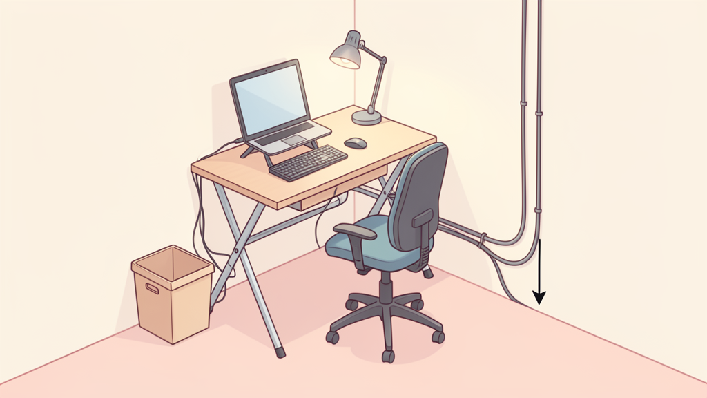 Coin télétravail compact dans un petit espace avec bureau pliable, lampe et rangement