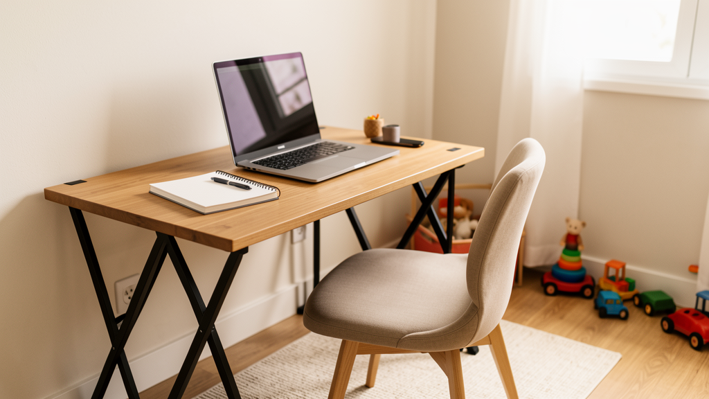 Bureau pliable avec ordinateur portable dans une pièce familiale pour télétravailler quand on manque de place