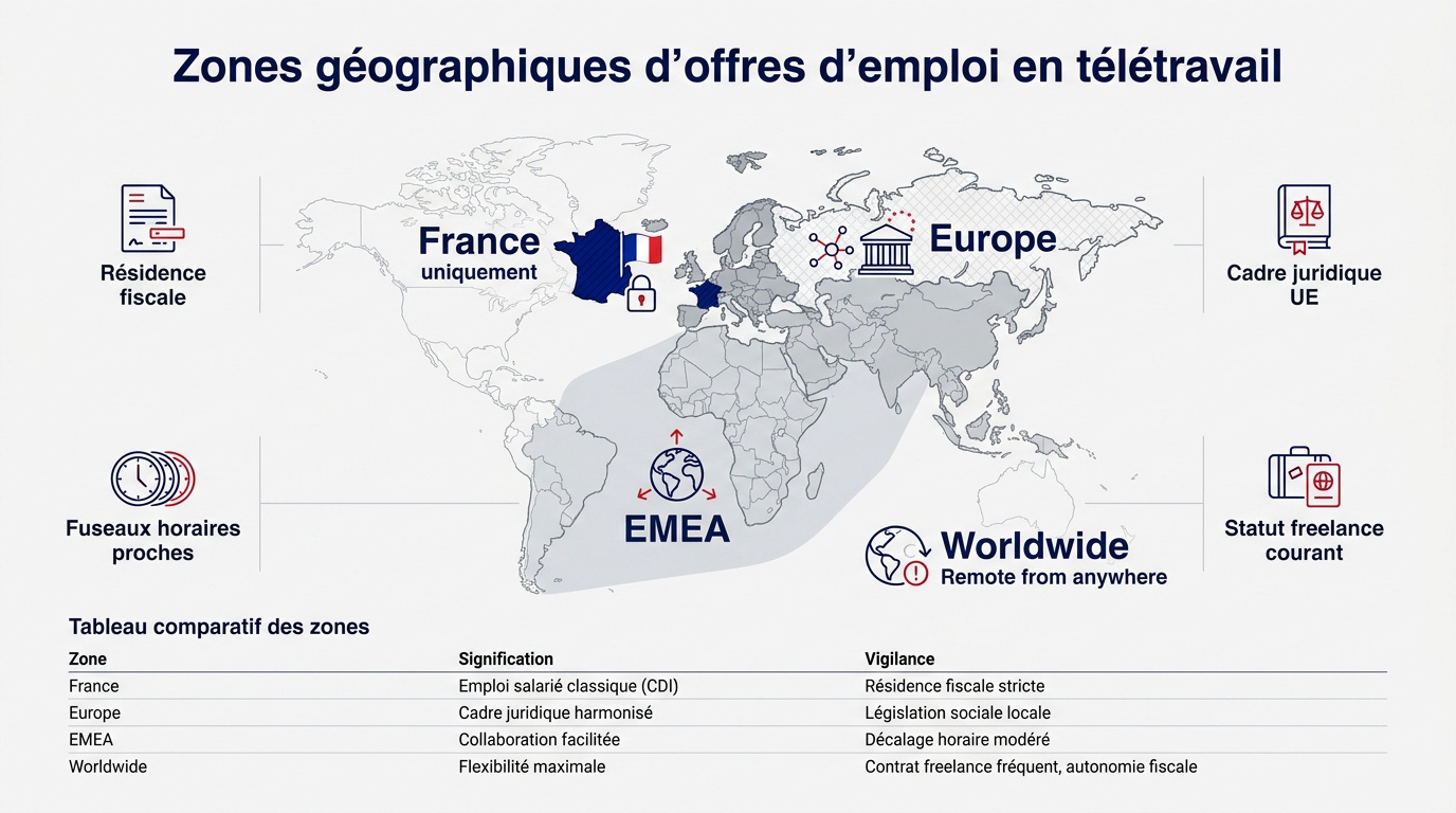 Illustration des différentes zones géographiques pour le télétravail incluant des femmes de diverses origines travaillant à distance